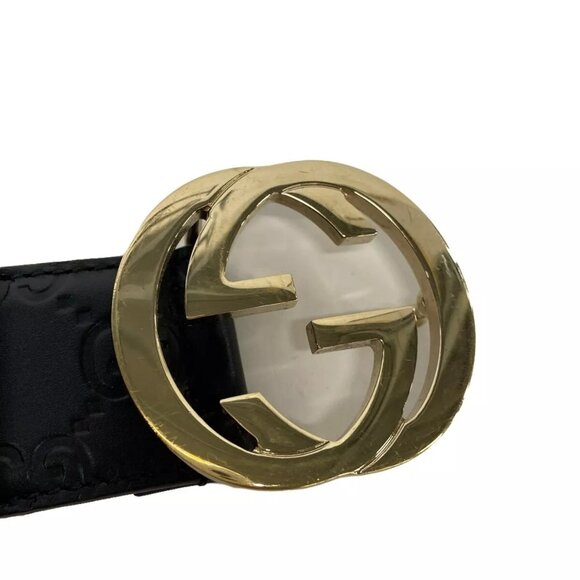 Auth GUCCI Interlocking G/Ssima Line Black Gold Leather Hardware Belt 283-121524 - Picture 3 of 7